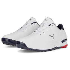 PUMA PROADAPT ALPHACAT Leather Golf Shoes - Puma White/Puma Navy/For All Time Red -All Wedges Shop puma proalphacat whitenavyred 3